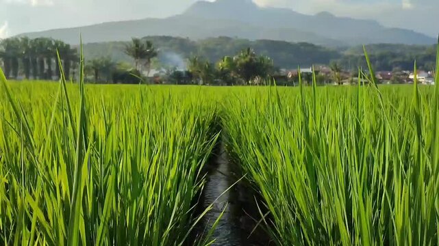 beautiful view of expanse of rice fields, calm and relaxing atmosphere