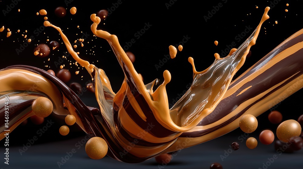Poster dynamic coffee splash action studio visual art dark environment close-up view fluid motion concept