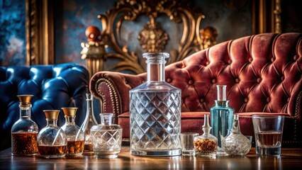 Luxurious glass bottle filled with premium gin rests on a velvet cushion amidst an array of crystal flasks and ornate decanters , artisanal, luxury