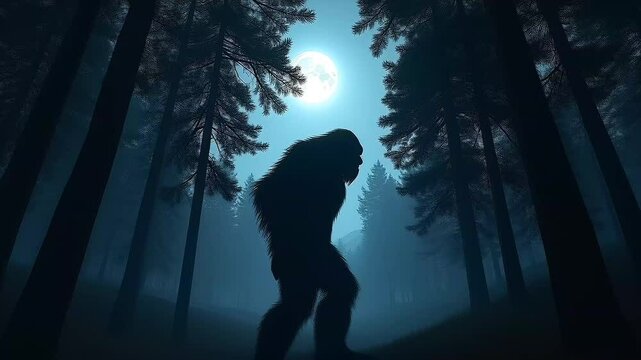 Bigfoot silhouette in misty forest at night