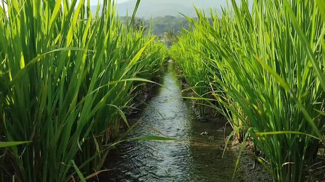 clear water flowing between rice plants, rice leaves blowing in the wind