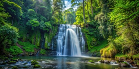 waterfall in dense forest surrounded by tall trees and greenery, lush, landscape,  lush, landscape, leaves, serene,forest