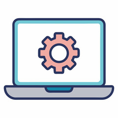laptop with settings outline icon on white background	