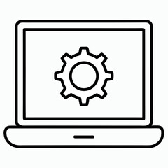 laptop with settings outline icon on white background	