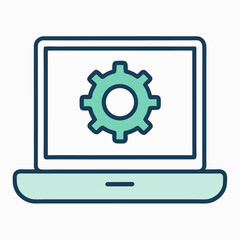 laptop with settings outline icon on white background	