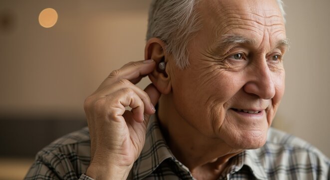 Senior man adjusting hearing aid with a smile in a cozy setting  