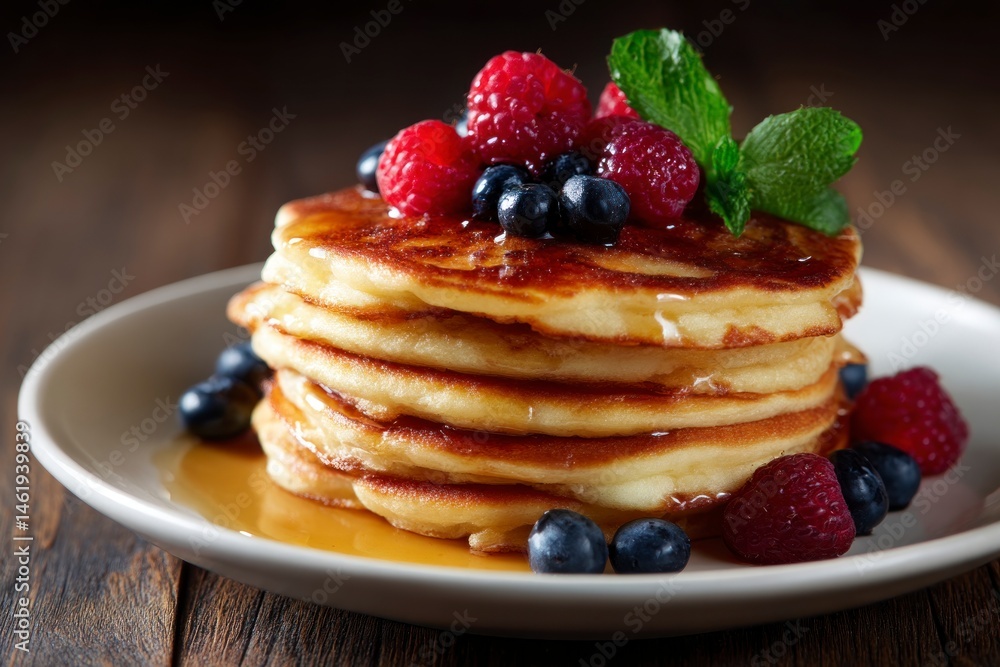 Poster pancake stack with berries and maple syrup on wooden table