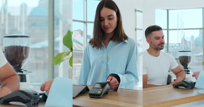 Multiscreen of caucasian woman using credit card contactless payment for coffee wireless. Modern technologies and restaurant business concept.