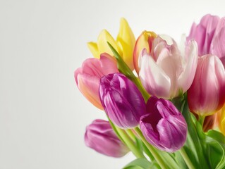 Obraz premium Colorful tulips blooming on white background for spring celebration