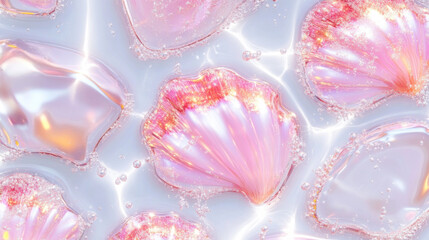 A mesmerizing array of translucent pink shells surrounded by sparkling bubbles in a luminous, watery setting.