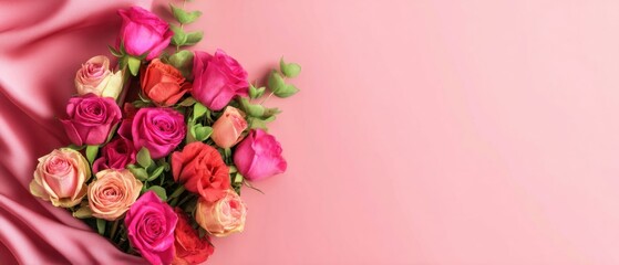 Elegant floral arrangement of pink roses with silk fabric on a pastel pink background Concept of love, romance, celebration, and Valentines Day
