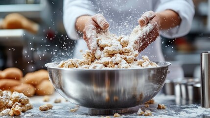Chef tossing dough in a bowl, flour in the air