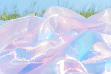 A shimmering iridescent fabric glistens under a bright blue sky, surrounded by soft green grass.