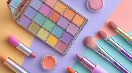 Colorful Makeup Palette with Lipsticks and Brushes on Pastel Background for Beauty Enthusiasts