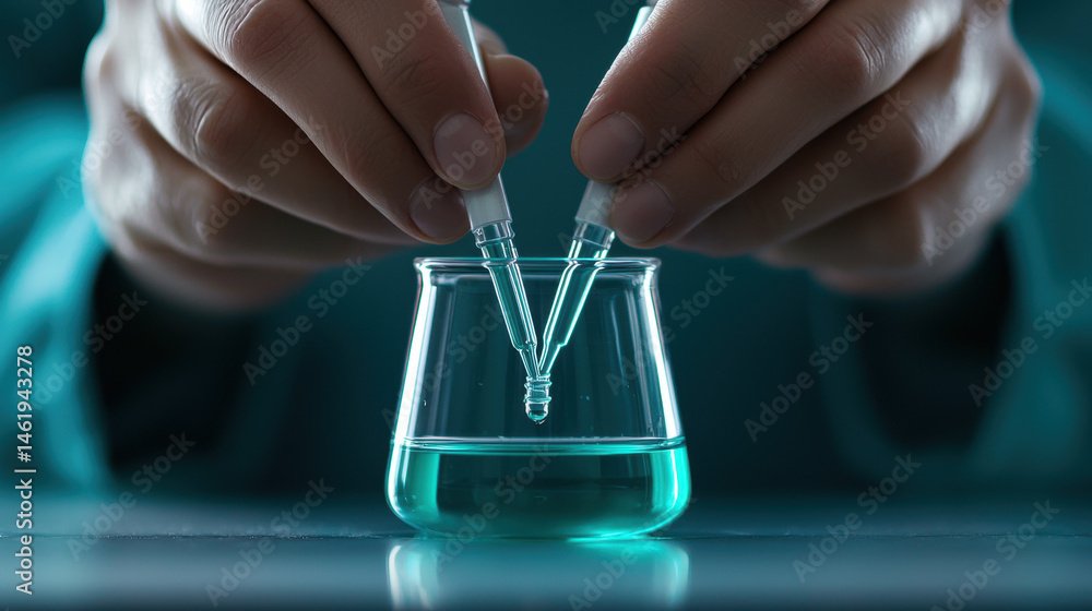 Poster hands testing ph level in lab with fluid, using droppers in scientific setting. closeup captures pre