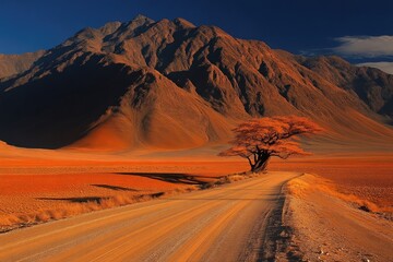 Desert road winding through mountains.  A solitary tree stands sentinel