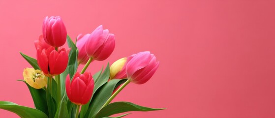 Fototapeta premium Vibrant bouquet of red and pink tulips with yellow accent against a solid pink background, symbolizing spring, love, and celebration