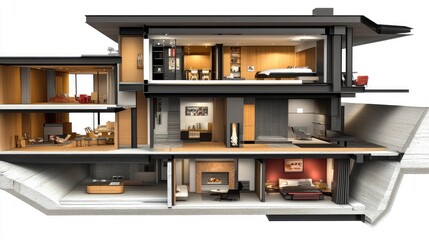 Modern house interior design cross-section illustration.