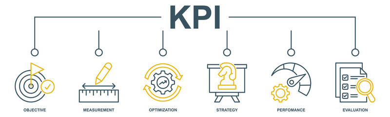Banner KPI concept with icons. Key Performance Indicator using Business Intelligence metrics to measure achievement versus planned target