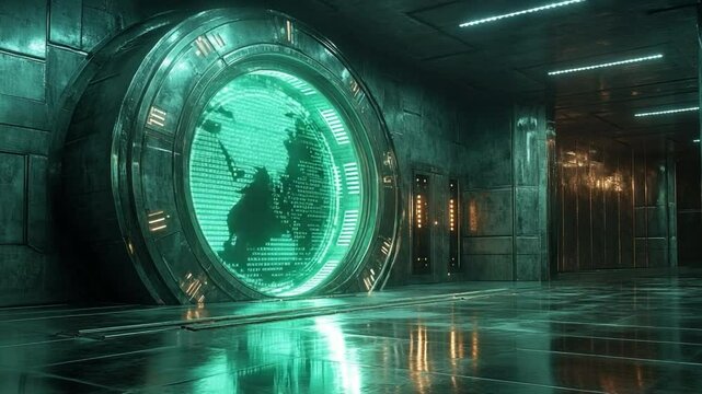 Time Machine: Futuristic scene of a time machine with a world map display, emitting a radiant green glow, standing in a high-tech interior, with a sense of exploration and innovation. 