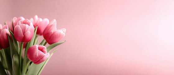 Fototapeta premium Delicate pink tulips bouquet on soft pink background with copy space Romantic floral arrangement for Valentines Day, Mothers Day, or springtime celebration