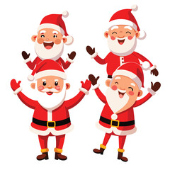 Four cheerful cartoon depictions of Santa Claus in various joyful poses on white background