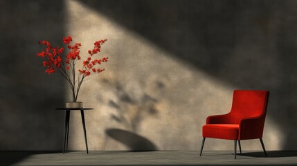 Modern minimalist interior scene with red accents and plants