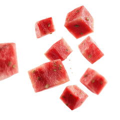 Several Watermelon Cubes and Slices Suspended Mid-Air on Transparent Background

