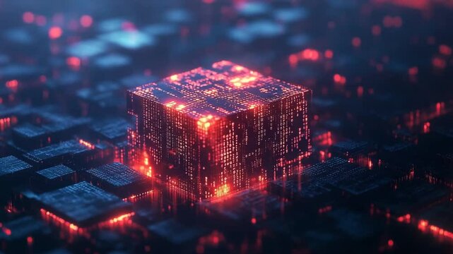 Futuristic quantum computing technology core with binary data processing and digital connectivity