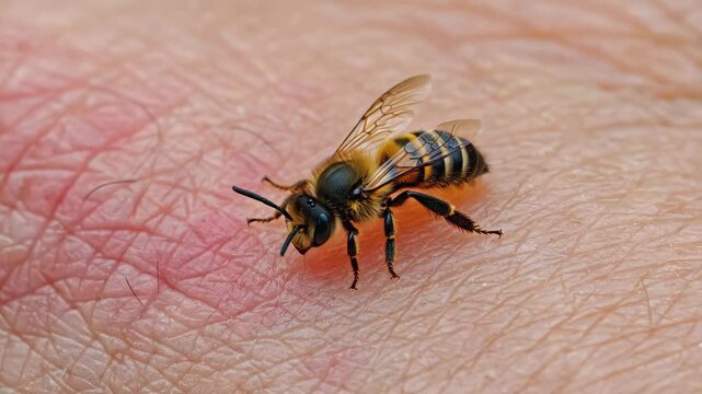 Close-up of a bee sitting on human skin near a red irritation spot,  after a sting
