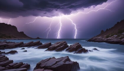 A dramatic lightning storm over the ocean, illuminating the rocky coastline in an awesome view.