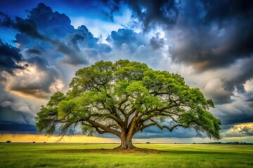 Fototapeta premium Majestic Lone Live Oak, Ancient Southern Tree, Isolated, Nature Photography, Dramatic Lighting