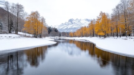 Winter wonderland landscape with a serene river reflecting the snow-covered mountains and vibrant autumnal foliage