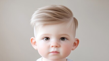 Toddler Boy Stylish Haircut, Neutral Background, Soft Lighting, High-Resolution Portrait, Close-up View, Baby Fashion Focus, Simple Studio Setting, Soft Neutral Tones, Ideal for Baby Product Ads