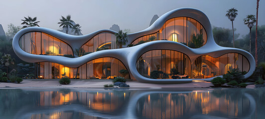 Sustainable modern architecture in the desert combines timber construction, solar energy, biophilic design and smart eco technology to create climate-adaptive housing for living in the future.