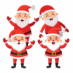 Four cheerful cartoon depictions of Santa Claus in various joyful poses on white background