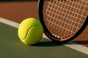 Tennis ball and racket lying on the court during a sunny afternoon practice session