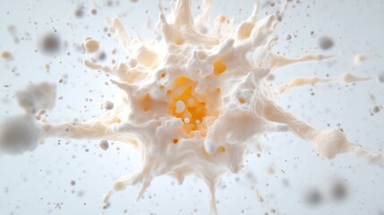 A splash of milk exploding in mid-air, captured in slow motion against a light grey background, and dynamic and artistic composition.