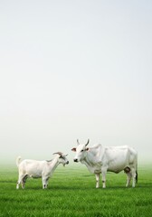 Fototapeta premium A white cow and goat stand together on a green field against a misty, bright background
