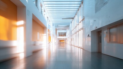 Sunlight illuminating empty modern building corridor with glass roof