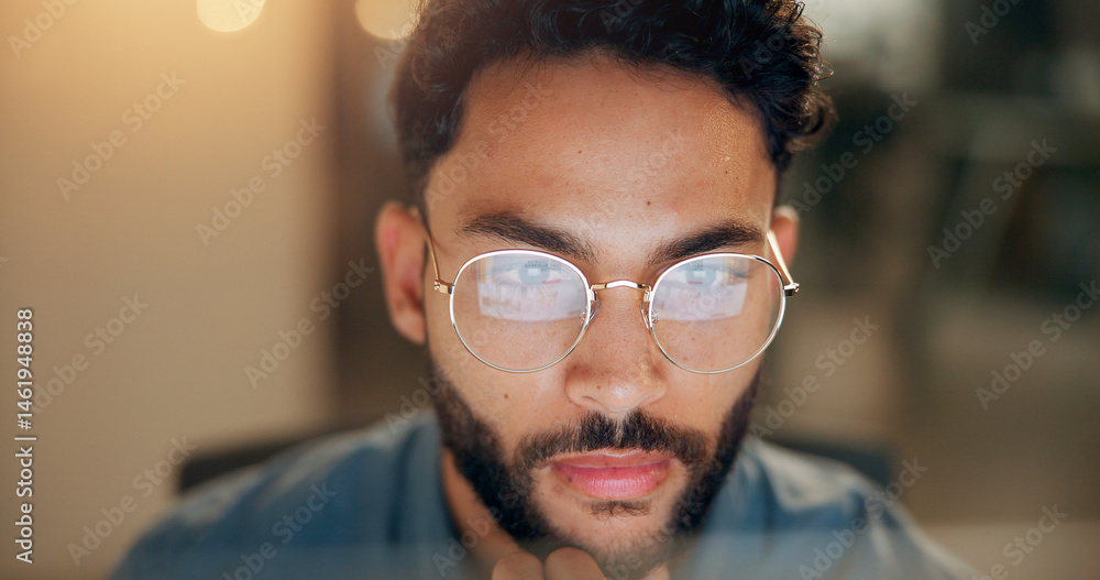 Aufkleber Computer, man and coder with thinking in office with web development, cybersecurity or tech project. IT, glasses and programmer with problem solving for cloud computing in workplace at night.