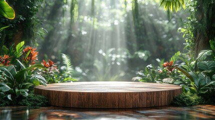 A serene wooden stage surrounded by lush greenery and soft sunlight filtering through the trees.