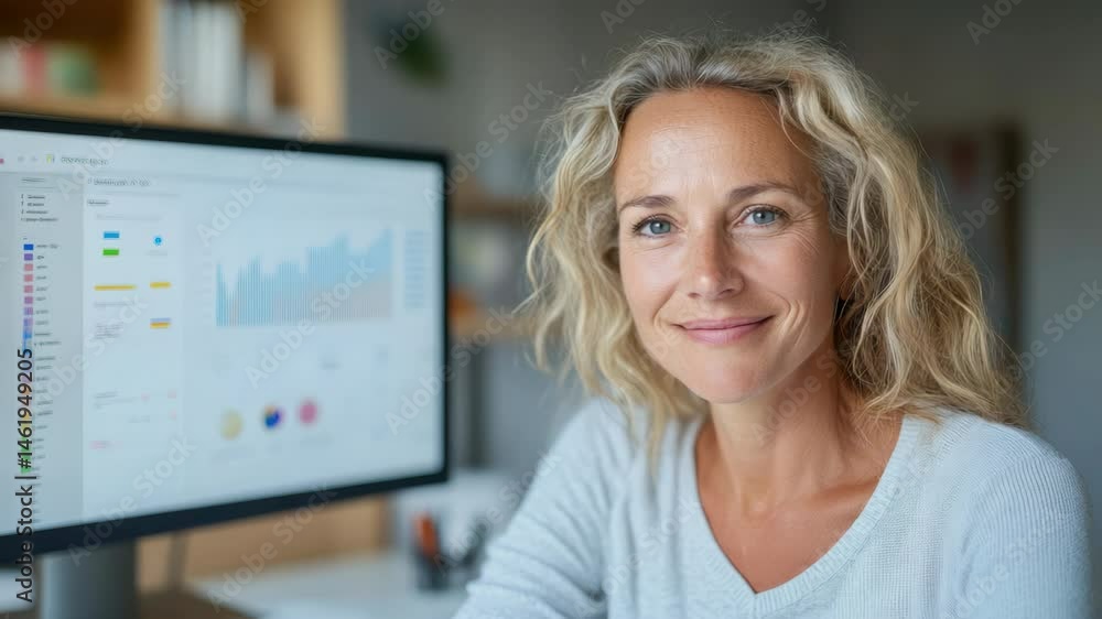 Poster smiling woman in modern office analyzing data charts and graphs for effective decision making.
