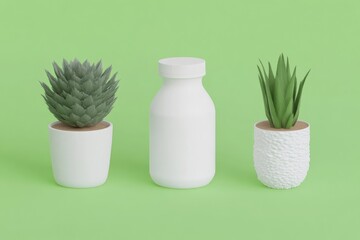 Minimalist potted plants and a bottle. Three simple, stylized objects on a muted green background.  Potted succulents and a plain white bottle