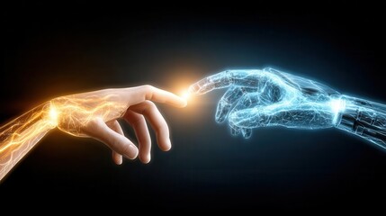 Human and robotic hand reaching out with finger touch on black background
