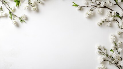 Delicate spring blossoms frame a blank space.  Fresh white flowers and greenery create a soft, natural border