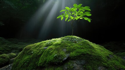 Tiny sprout emerging from mossy rock, bathed in sunlight