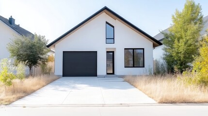 Modern House Minimalist Landscaping Bright Exterior High-Resolution Frontal View Dry Grass Accents Residential Property Sunny Daytime Neutral Color Palette Ideal for Real Estate Listings