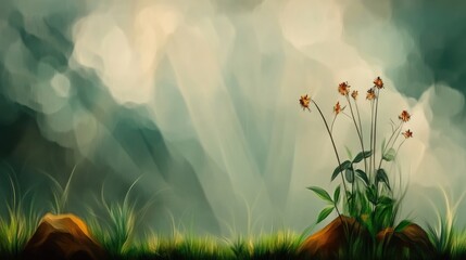 Misty forest scene with wildflowers