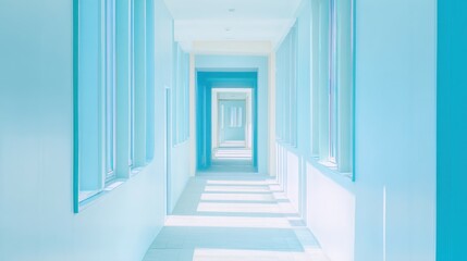 Obraz premium Empty corridor with sunlight shining through windows in modern building